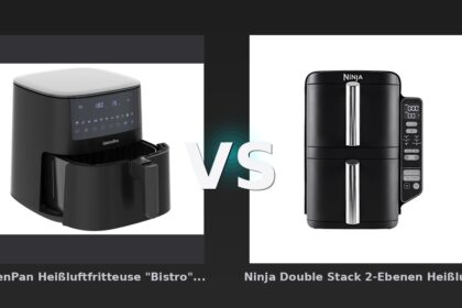 Vergleich: GreenPan Heißluftfritteuse "Bistro" 1 Korb 7,2 l, schwarz vs Ninja Double Stack 2-Ebenen Heißluftfritteuse 7,6 L | SL300EU | von SharkNinja - GreenPan Bistro vs. Ninja Double Stack – Zwei Heißluftfritteusen im direkten Vergleich