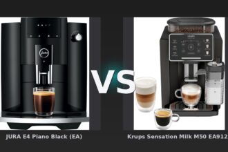 Vergleich: JURA E4 Piano Black (EA) vs Krups Sensation Milk M50 EA9129 - JURA E4 vs. Krups Sensation Milk M50: Basisvollautomat gegen Milchkaffee-Spezialist