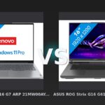 Vergleich: Lenovo ThinkBook 16 G7 ARP 21MW00AYGE - 16" - AMD Ryzen 5 - 32GB RAM/1TB SSD vs ASUS ROG Strix G16 G614PM-RV007W - 16" - AMD Ryzen 9 - 16GB RAM/1TB SSD - RTX 5060 - Lenovo ThinkBook 16 G7 ARP vs ASUS ROG Strix G16: Business-Laptop gegen Gaming-Notebook