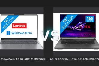 Vergleich: Lenovo ThinkBook 16 G7 ARP 21MW00AYGE - 16" - AMD Ryzen 5 - 32GB RAM/1TB SSD vs ASUS ROG Strix G16 G614PM-RV007W - 16" - AMD Ryzen 9 - 16GB RAM/1TB SSD - RTX 5060 - Lenovo ThinkBook 16 G7 ARP vs ASUS ROG Strix G16: Business-Laptop gegen Gaming-Notebook