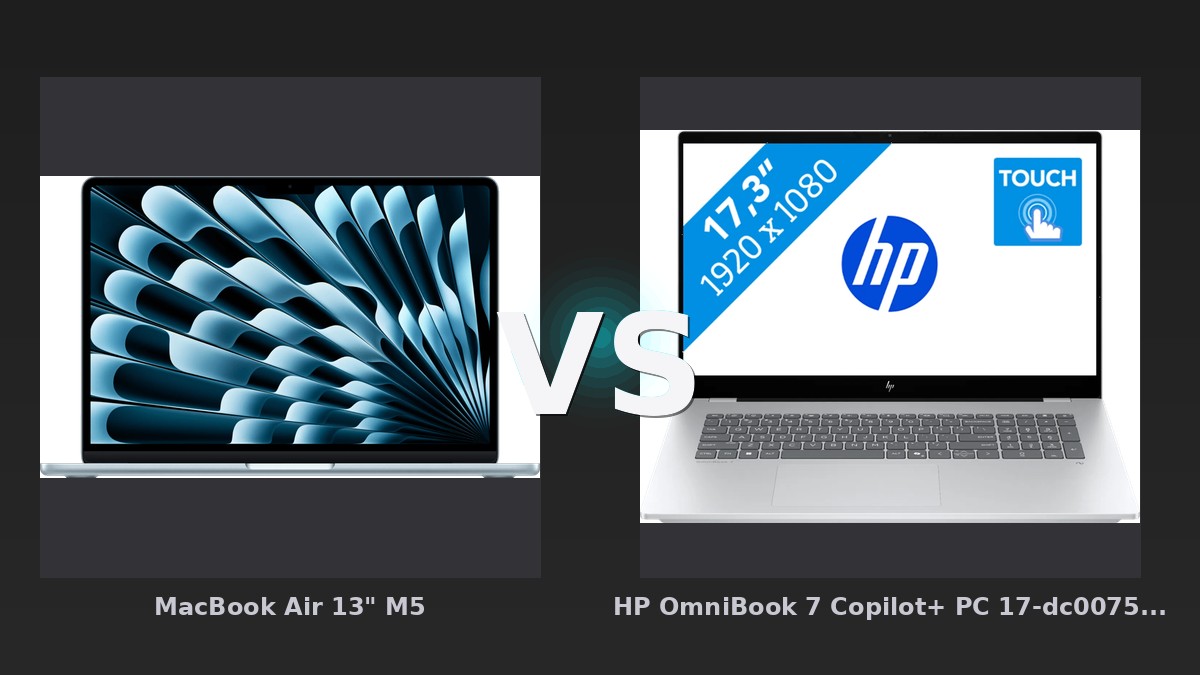 Vergleich: MacBook Air 13" M5 vs HP OmniBook 7 Copilot+ PC 17-dc0075ng - 17,3" - Intel Core Ultra 7 - 32GB RAM/1TB SSD - MacBook Air M5 vs. HP OmniBook 7: Leicht und effizient trifft auf großen Bildschirm und viel RAM