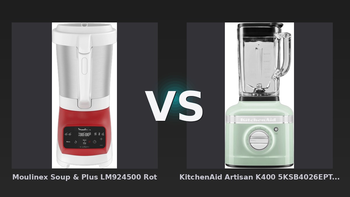 Vergleich: Moulinex Soup & Plus LM924500 Rot vs KitchenAid Artisan K400 5KSB4026EPT Pistazie - Moulinex Soup & Plus vs KitchenAid Artisan K400: Der Mixer mit Kochfunktion fordert die Design-I