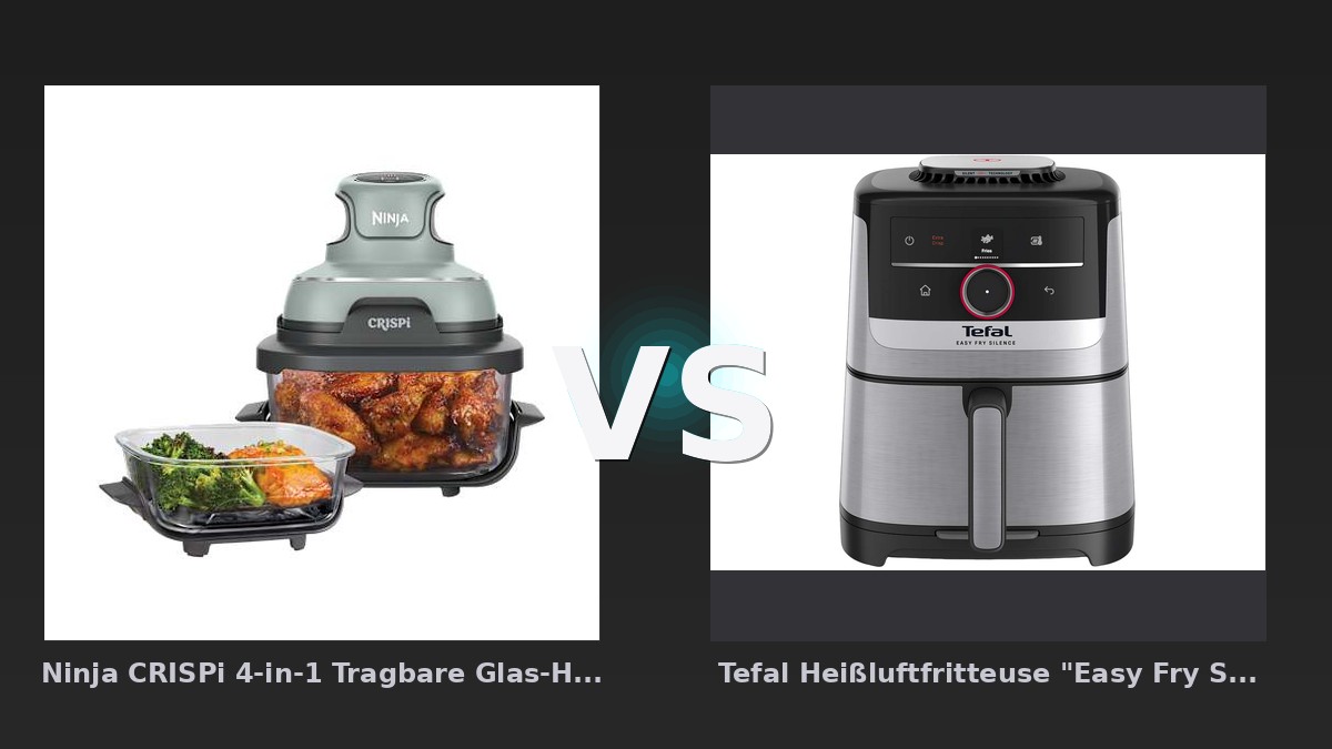 Vergleich: Ninja CRISPi 4-in-1 Tragbare Glas-Heißluftfritteuse in Grautürkis | FN101EUSG | von SharkNinja vs Tefal Heißluftfritteuse "Easy Fry Smart & Silence EY572D", silber/schwarz - Ninja CRISPi vs Tefal Easy Fry: Tragbare Glas-Heißluftfritteuse gegen leise XXL-Variante