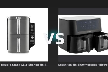 Vergleich: Ninja Double Stack XL 2-Ebenen Heißluftfritteuse 9,5 L in Grau | SL400EU | von SharkNinja vs GreenPan Heißluftfritteuse "Bistro" 2 Körbe á 4 l, schwarz - Ninja Double Stack XL vs GreenPan Bistro – Doppelkorb-Airfryer unter der Lupe