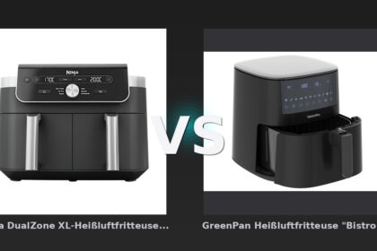 Vergleich: Ninja DualZone XL-Heißluftfritteuse mit 9,5 l Fassungsvermögen und 2 Schubladen in Grau | DZ901EU | vs GreenPan Heißluftfritteuse "Bistro" 1 Korb 7,2 l, schwarz - Ninja DualZone XL vs. GreenPan Bistro – Zwei-Schubladen-Power gegen Einsteiger-Klassiker