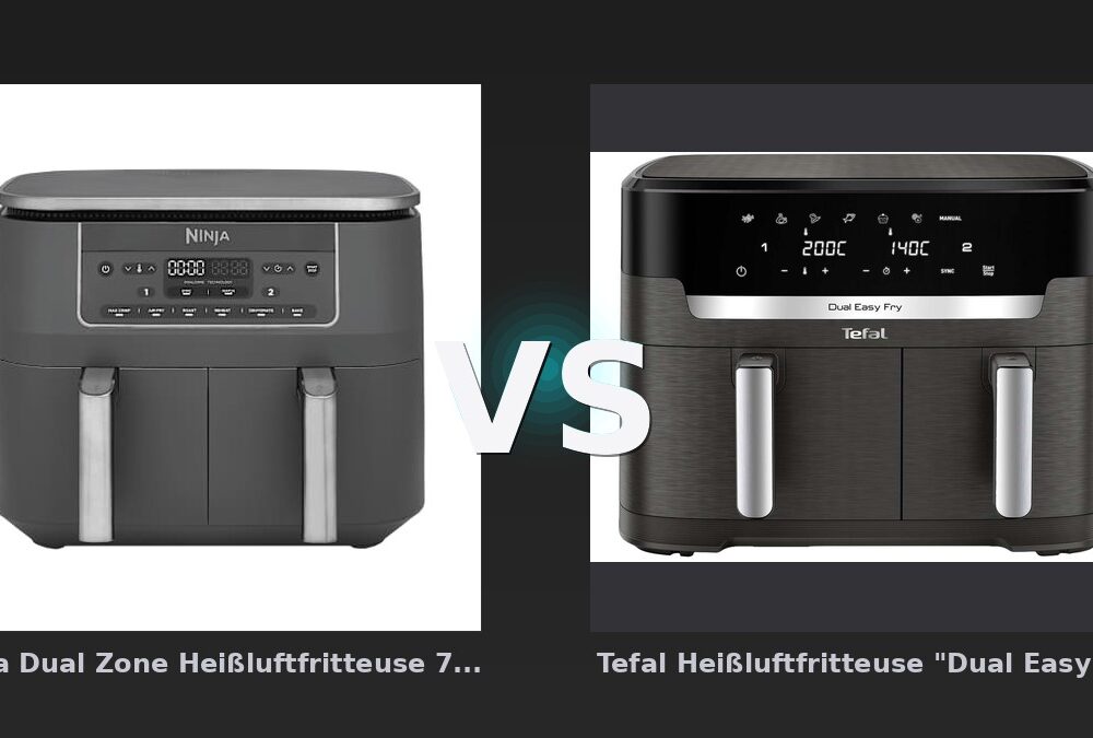 Vergleich: Ninja Dual Zone Heißluftfritteuse 7,6 L | DZ300EU | von SharkNinja vs Tefal Heißluftfritteuse "Dual Easy Fry XXL EY942H" 11 l, anthrazit - Ninja DZ300EU vs Tefal EY942H: Der Dual-Zone-Airfryer-Vergleich 2026