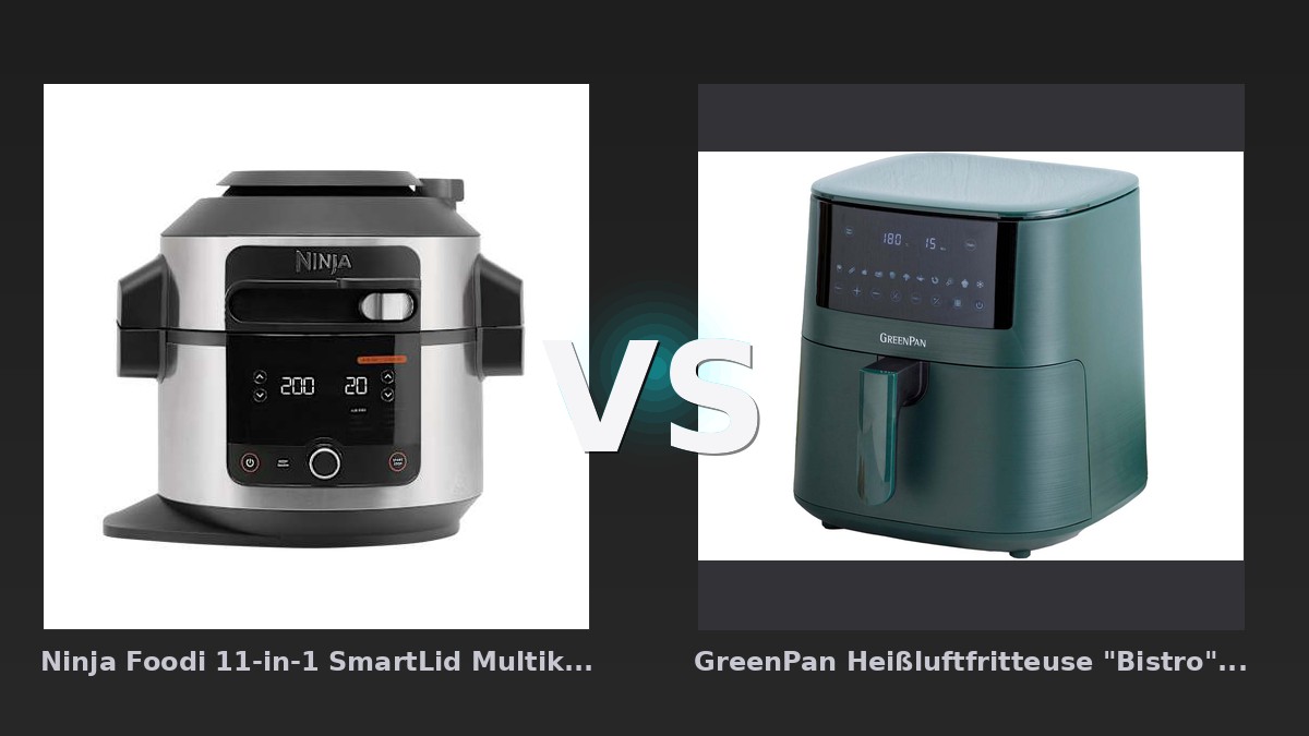 Vergleich: Ninja Foodi 11-in-1 SmartLid Multikocher | OL550EU | von SharkNinja vs GreenPan Heißluftfritteuse "Bistro" 1 Korb 7,2 l, grün - Ninja Foodi 11-in-1 vs. GreenPan Bistro: Multikocher-Allrounder gegen reine Heißluftfritteuse