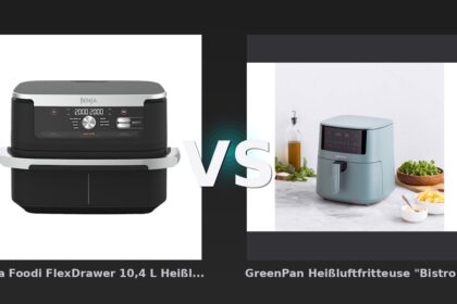 Vergleich: Ninja Foodi FlexDrawer 10,4 L Heißluftfritteuse in Schwarz | AF500EU | von SharkNinja vs GreenPan Heißluftfritteuse "Bistro" 1 Korb 7,2 l, blau - Ninja Foodi FlexDrawer vs GreenPan Bistro: Der Flexibilitäts-Kampf der Heißluftfritteusen