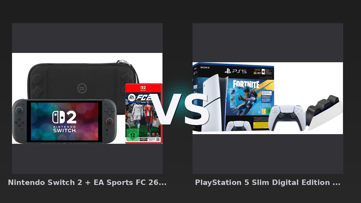 Vergleich: Nintendo Switch 2 + EA Sports FC 26 + BlueBuilt Schutzhülle vs PlayStation 5 Slim Digital Edition Fortnite Set + Zusätzlicher Controller Weiß + Ladestation - Nintendo Switch 2 vs PlayStation 5 Slim: Der ultimative Bundle-Vergleich
