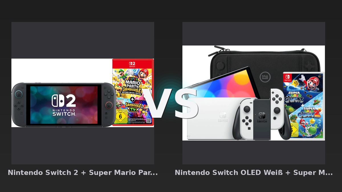 Vergleich: Nintendo Switch 2 + Super Mario Party Jamboree vs Nintendo Switch OLED Weiß + Super Mario Galaxy 1+2 + BlueBuilt Schutzhülle - Nintendo Switch 2 vs. Switch OLED: Die nächste Generation fordert den Klassiker