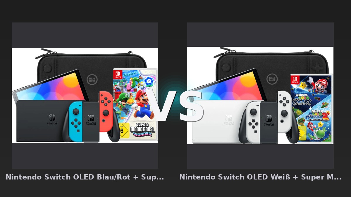 Vergleich: Nintendo Switch OLED Blau/Rot + Super Mario Bros. Wonder + BlueBuilt Schutzhülle vs Nintendo Switch OLED Weiß + Super Mario Galaxy 1+2 + BlueBuilt Schutzhülle - Nintendo Switch OLED Bundle-Vergleich: Mario Wonder vs. Mario Galaxy 1+2