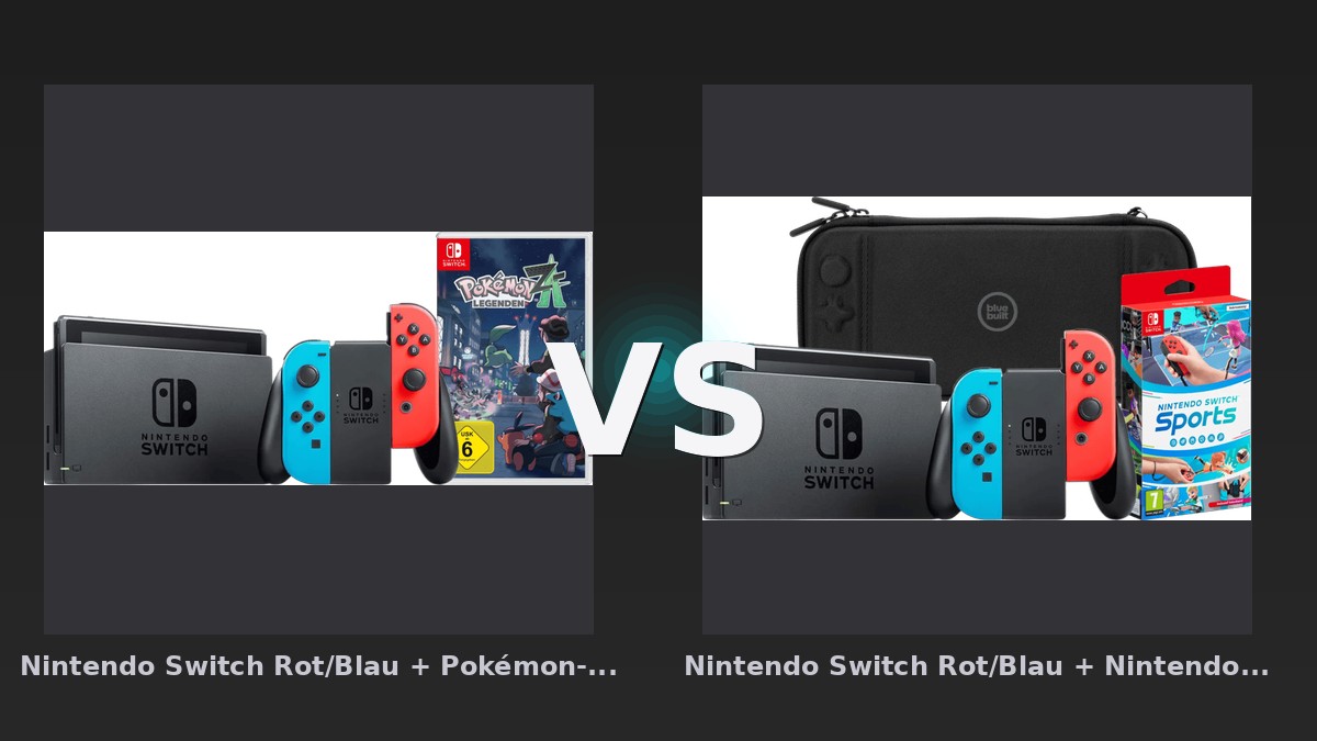 Vergleich: Nintendo Switch Rot/Blau + Pokémon-Legenden: Z-A vs Nintendo Switch Rot/Blau + Nintendo Switch Sports + Bluebuilt Travel Case - Nintendo Switch Bundles im Vergleich: Pokémon-Legenden Z-A vs. Switch Sports + Travel Case