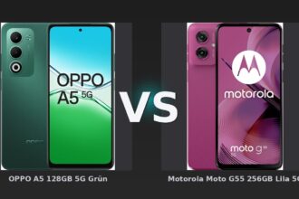 Vergleich: OPPO A5 128GB 5G Grün vs Motorola Moto G55 256GB Lila 5G - Vergleich: OPPO A5 vs Motorola Moto G55 – Wer bietet mehr Smartphone fürs Geld?