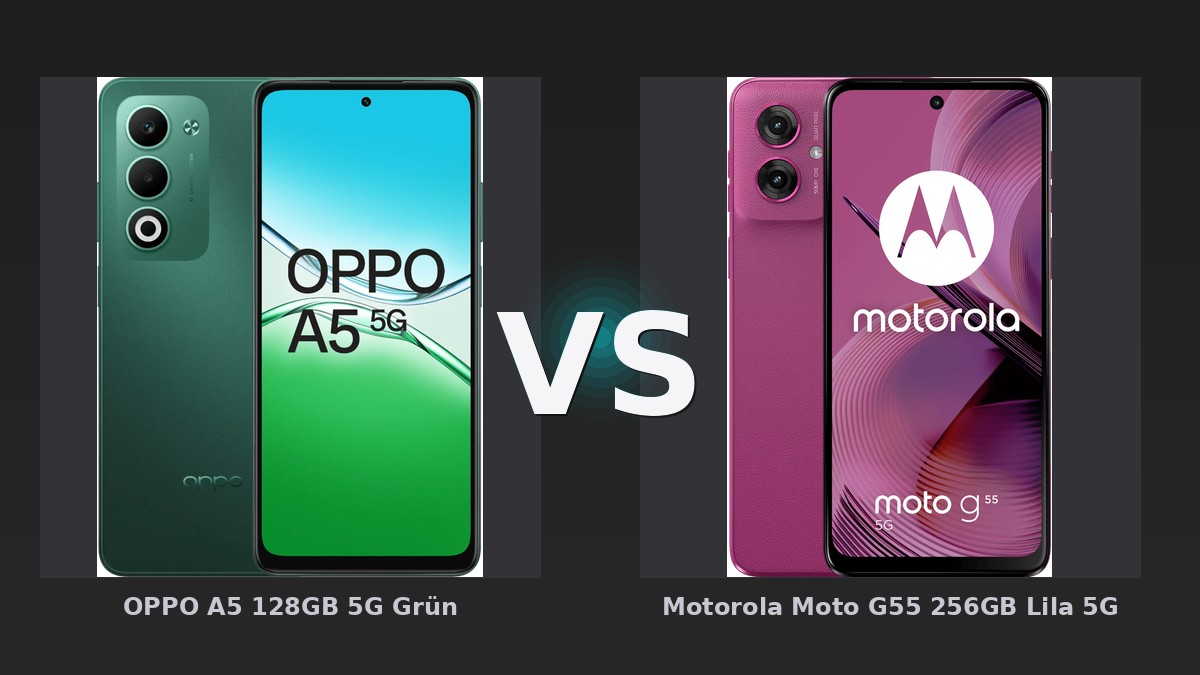 Vergleich: OPPO A5 128GB 5G Grün vs Motorola Moto G55 256GB Lila 5G - Vergleich: OPPO A5 vs Motorola Moto G55 – Wer bietet mehr Smartphone fürs Geld?