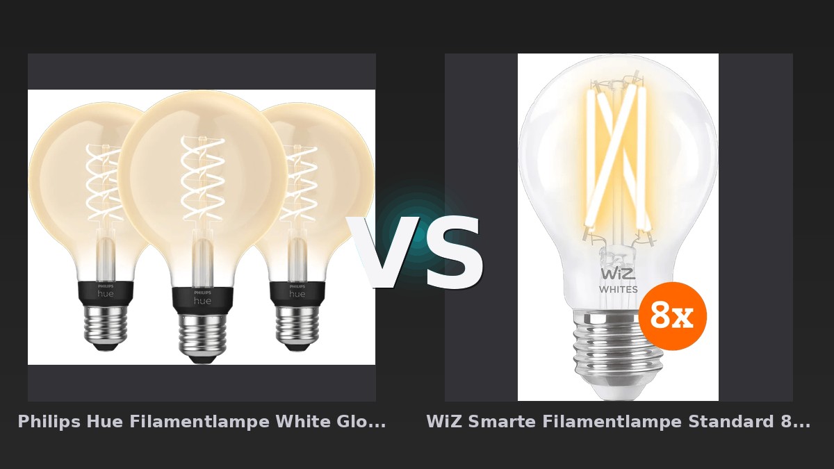 Vergleich: Philips Hue Filamentlampe White Globe E27 3er-Pack vs WiZ Smarte Filamentlampe Standard 8er-Pack - Warm- bis kaltweißes Licht - E27 - Philips Hue vs. WiZ: Smarte Filamentleuchten im Preis-Leistungs-Vergleich