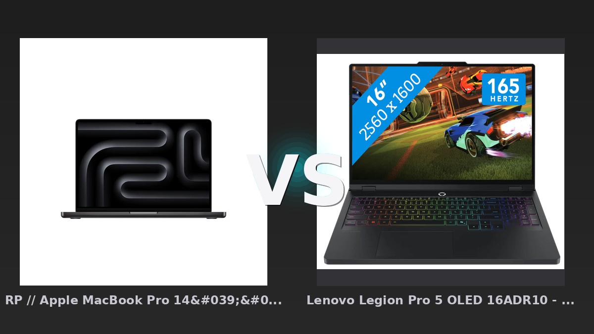 Vergleich: RP // Apple MacBook Pro 14'' M4 Pro 12-Core CPU 16-Core GPU - 512GB - 24GB Space Schwarz vs Lenovo Legion Pro 5 OLED 16ADR10 - 16" - AMD Ryzen 7 - 32GB RAM/1TB SSD - RTX 5060 - Apple MacBook Pro 14 M4 Pro vs Lenovo Legion Pro 5: Kreativ-Laptop gegen Gaming-Kraftpaket