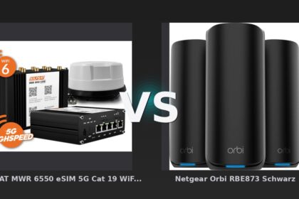 Vergleich: SELFSAT MWR 6550 eSIM 5G Cat 19 WiFi 6 WLAN Router bis 3,4 Gbps inkl. Panorama Antenne weiß vs Netgear Orbi RBE873 Schwarz - SELFSAT MWR 6550 vs. Netgear Orbi RBE873: 5G-Router trifft auf High-End Mesh