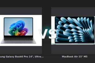 Vergleich: Samsung Galaxy Book6 Pro 14", Ultra 5, 16 GB, Copilot+ PC, 512 GB Gray vs MacBook Air 15" M5 - Samsung Galaxy Book6 Pro vs MacBook Air 15" M5 – Windows vs macOS im High-End-Ultrabook-Vergleich