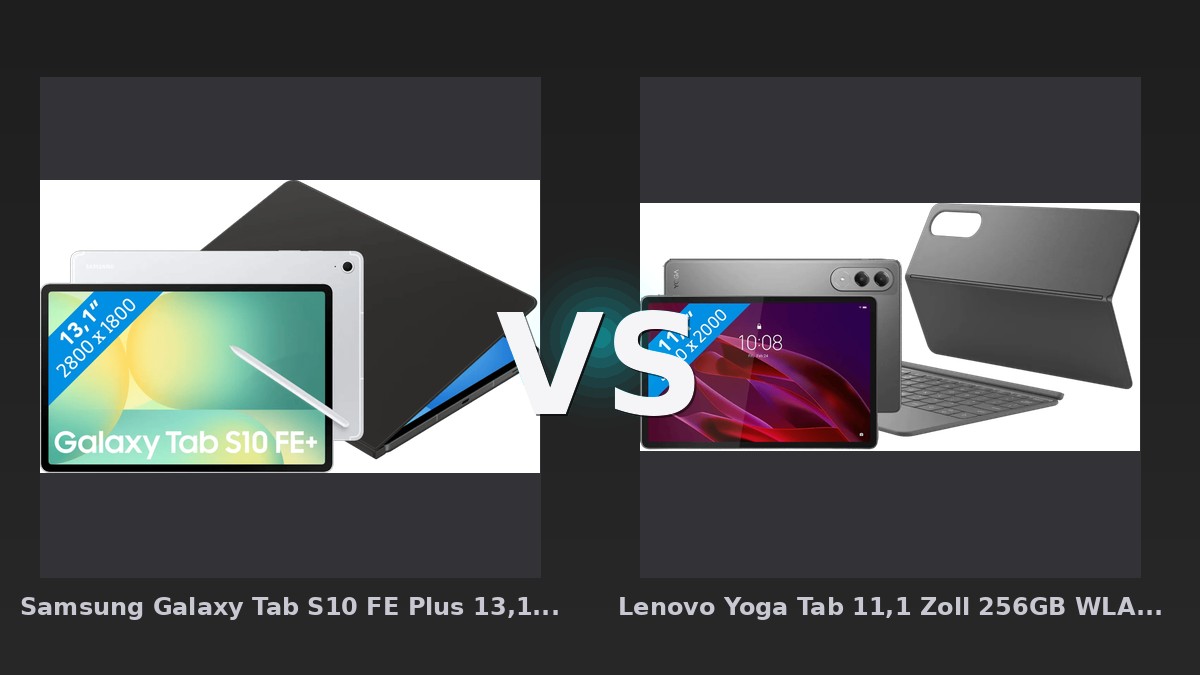 Vergleich: Samsung Galaxy Tab S10 FE Plus 13,1 Zoll 128GB Wi-Fi Silber + BlueBuilt Book Case Schwarz vs Lenovo Yoga Tab 11,1 Zoll 256GB WLAN Grau mit Stylus + Tastaturhülle AZERTY - Samsung Galaxy Tab S10 FE Plus vs. Lenovo Yoga Tab 11: Displaygröße gegen Speicher und Preis