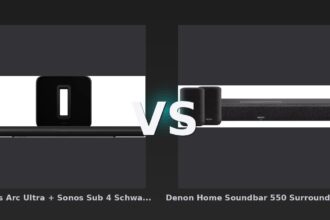 Vergleich: Sonos Arc Ultra + Sonos Sub 4 Schwarz vs Denon Home Soundbar 550 Surround-Sound-Set - Sonos Arc Ultra + Sub 4 vs. Denon Home Soundbar 550 Surround-Set: Soundbar-Vergleich