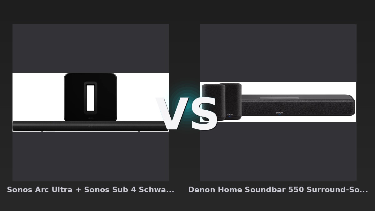 Vergleich: Sonos Arc Ultra + Sonos Sub 4 Schwarz vs Denon Home Soundbar 550 Surround-Sound-Set - Sonos Arc Ultra + Sub 4 vs. Denon Home Soundbar 550 Surround-Set: Soundbar-Vergleich