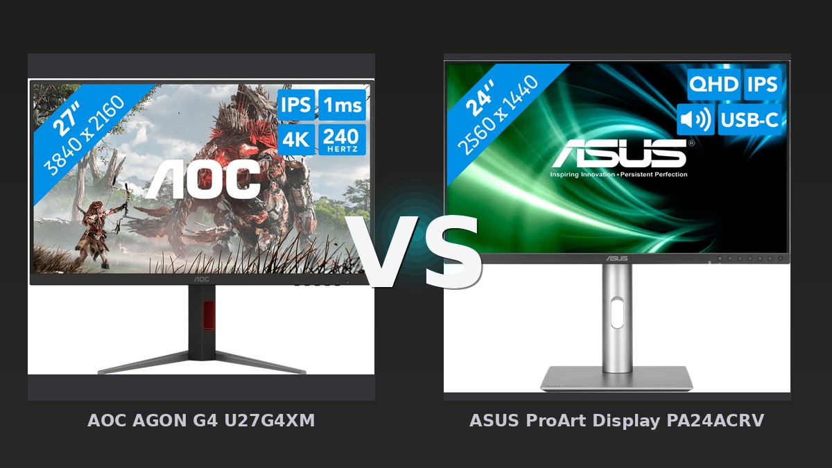 Vergleich: AOC AGON G4 U27G4XM vs ASUS ProArt Display PA24ACRV - AOC AGON G4 U27G4XM vs. ASUS ProArt PA24ACRV: Gaming-Biest trifft auf Farbgenauigkeit