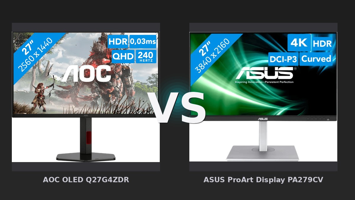 Vergleich: AOC OLED Q27G4ZDR vs ASUS ProArt Display PA279CV - AOC OLED Q27G4ZDR vs ASUS ProArt PA279CV: Gaming trifft auf Kreativität