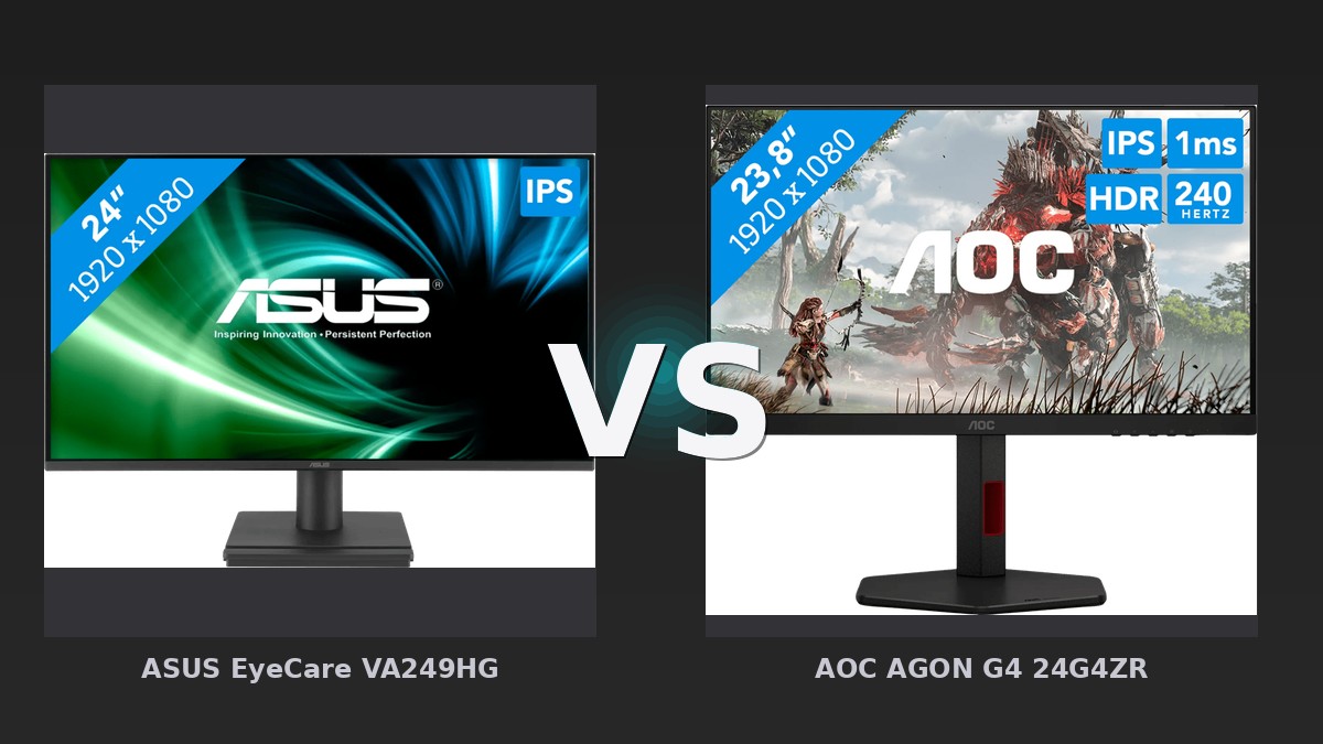 Vergleich: ASUS EyeCare VA249HG vs AOC AGON G4 24G4ZR - ASUS EyeCare VA249HG vs AOC AGON G4 24G4ZR: Office-Display oder Gaming-Monster?