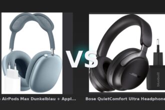 Vergleich: Apple AirPods Max Dunkelblau + Apple USB-C-Ladegerät 20 W vs Bose QuietComfort Ultra Headphones Schwarz + Ladegerät - Apple AirPods Max vs. Bose QuietComfort Ultra – Der Over-Ear-ANC-Vergleich 2026