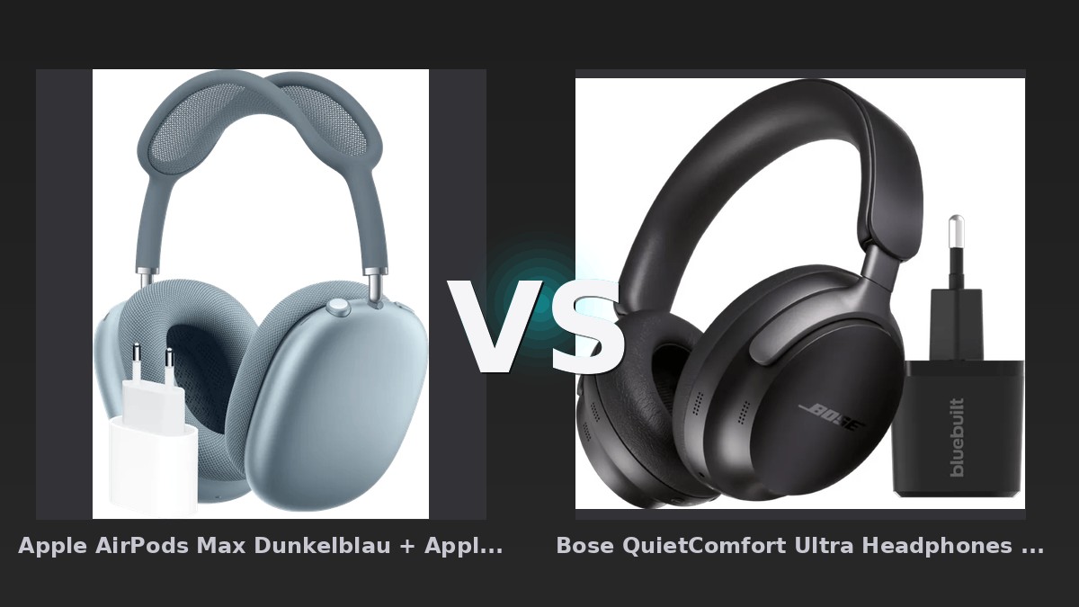 Vergleich: Apple AirPods Max Dunkelblau + Apple USB-C-Ladegerät 20 W vs Bose QuietComfort Ultra Headphones Schwarz + Ladegerät - Apple AirPods Max vs. Bose QuietComfort Ultra – Der Over-Ear-ANC-Vergleich 2026