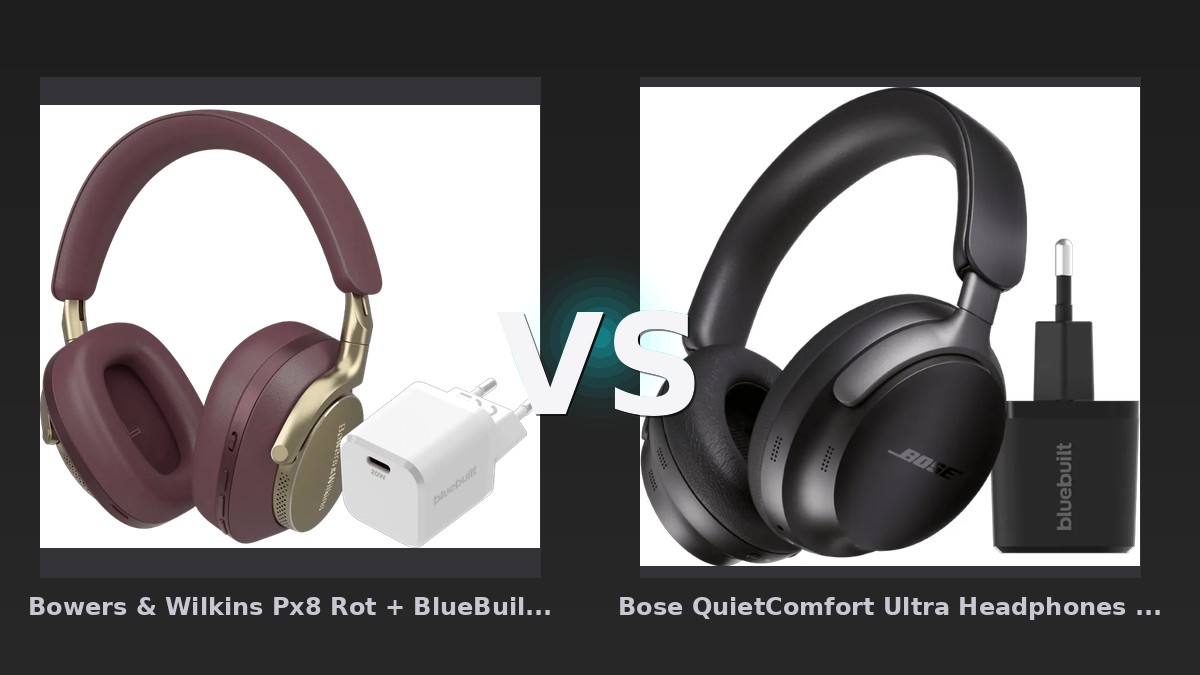 Vergleich: Bowers & Wilkins Px8 Rot + BlueBuilt Power-Delivery-Ladegerät mit USB-C-Port 20 W Weiß vs Bose QuietComfort Ultra Headphones Schwarz + Ladegerät - Bowers & Wilkins Px8 vs Bose QuietComfort Ultra: ANC-Kopfhörer im Bundle-Vergleich