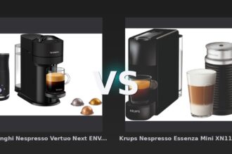 Vergleich: De'Longhi Nespresso Vertuo Next ENV120.BM + Pierre Milchaufschäumer vs Krups Nespresso Essenza Mini XN1118 Schwarz + Milchaufschäumer - Nespresso-Kapselmaschinen im Vergleich: De'Longhi Vertuo Next vs. Krups Essenza Mini