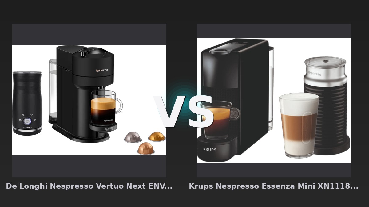 Vergleich: De'Longhi Nespresso Vertuo Next ENV120.BM + Pierre Milchaufschäumer vs Krups Nespresso Essenza Mini XN1118 Schwarz + Milchaufschäumer - Nespresso-Kapselmaschinen im Vergleich: De'Longhi Vertuo Next vs. Krups Essenza Mini