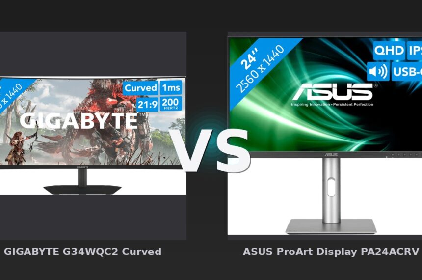 Vergleich: GIGABYTE G34WQC2 Curved vs ASUS ProArt Display PA24ACRV - Gigabyte G34WQC2 vs ASUS ProArt PA24ACRV: Ultra-Wide Gaming trifft auf professionelle Farbtreue