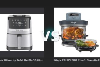 Vergleich: Jamie Oliver by Tefal Heißluftfritteuse "Silence Deluxe EY55JD", schwarz/silber vs Ninja CRISPi PRO 7-in-1 Glas-Air-Fryer in Dunkelblau | AS101EUCY | von SharkNinja - Heißluftfritteusen im Vergleich: Tefal Silence Deluxe vs. Ninja CRISPi PRO