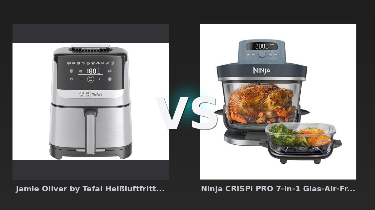 Vergleich: Jamie Oliver by Tefal Heißluftfritteuse "Silence Deluxe EY55JD", schwarz/silber vs Ninja CRISPi PRO 7-in-1 Glas-Air-Fryer in Dunkelblau | AS101EUCY | von SharkNinja - Heißluftfritteusen im Vergleich: Tefal Silence Deluxe vs. Ninja CRISPi PRO