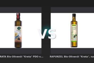 Vergleich: NATURATA Bio-Olivenöl "Kreta" PDO nativ extra, fruchtig, 500 ml vs RAPUNZEL Bio-Olivenöl "Kreta", nativ extra, 500 ml - Naturata vs. Rapunzel Bio-Olivenöl: PDO-Siegel macht den Unterschied