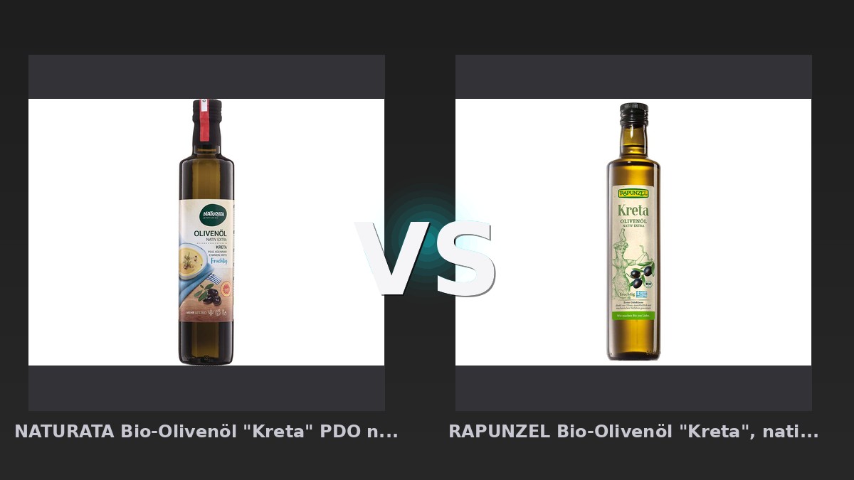 Vergleich: NATURATA Bio-Olivenöl "Kreta" PDO nativ extra, fruchtig, 500 ml vs RAPUNZEL Bio-Olivenöl "Kreta", nativ extra, 500 ml - Naturata vs. Rapunzel Bio-Olivenöl: PDO-Siegel macht den Unterschied