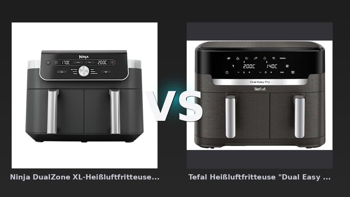 Vergleich: Ninja DualZone XL-Heißluftfritteuse mit 9,5 l Fassungsvermögen und 2 Schubladen in Grau | DZ901EU | vs Tefal Heißluftfritteuse "Dual Easy Fry XXL EY942H" 11 l, anthrazit - Ninja DualZone XL vs Tefal Dual Easy Fry XXL: Preis-Leistungs-Duell der XXL-Heißluftfritteusen