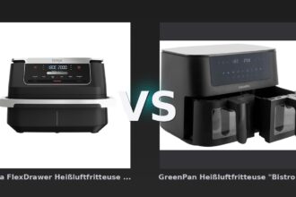 Vergleich: Ninja FlexDrawer Heißluftfritteuse 6,6 L | AF550EU | von SharkNinja vs GreenPan Heißluftfritteuse "Bistro" 2 Körbe á 4 l, schwarz - Ninja FlexDrawer AF550EU vs. GreenPan Bistro – Flexibler Einzelkorb oder zwei separate Fächer?