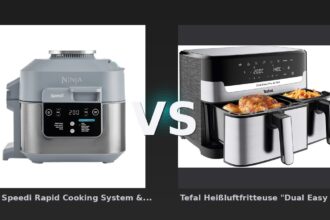 Vergleich: Ninja Speedi Rapid Cooking System & Heißluftfritteuse | ON400EU | von SharkNinja vs Tefal Heißluftfritteuse "Dual Easy Fry & Grill EY905D", silber/schwarz - Ninja Speedi vs. Tefal Dual Easy Fry & Grill – Heißluftfritteusen mit Extras im Vergleich