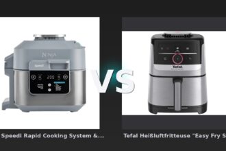 Vergleich: Ninja Speedi Rapid Cooking System & Heißluftfritteuse | ON400EU | von SharkNinja vs Tefal Heißluftfritteuse "Easy Fry Smart & Silence EY572D", silber/schwarz - Ninja Speedi vs Tefal Easy Fry: Heißluftfritteusen im Vergleich
