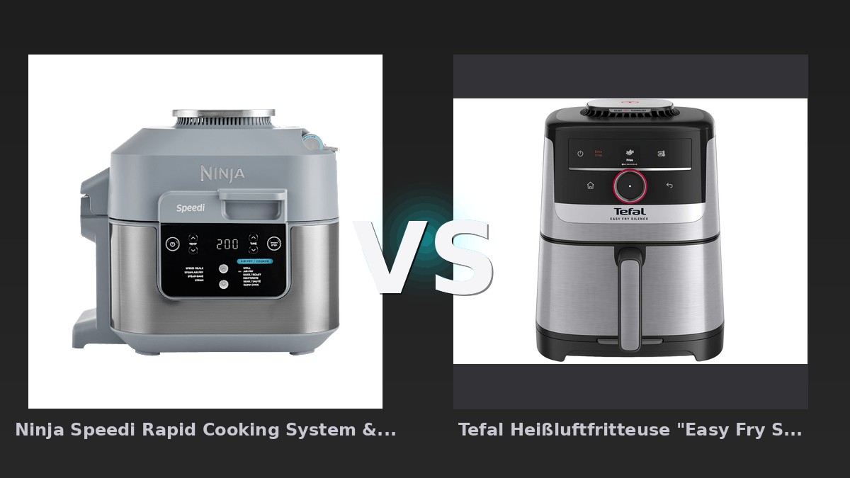 Vergleich: Ninja Speedi Rapid Cooking System & Heißluftfritteuse | ON400EU | von SharkNinja vs Tefal Heißluftfritteuse "Easy Fry Smart & Silence EY572D", silber/schwarz - Ninja Speedi vs Tefal Easy Fry: Heißluftfritteusen im Vergleich