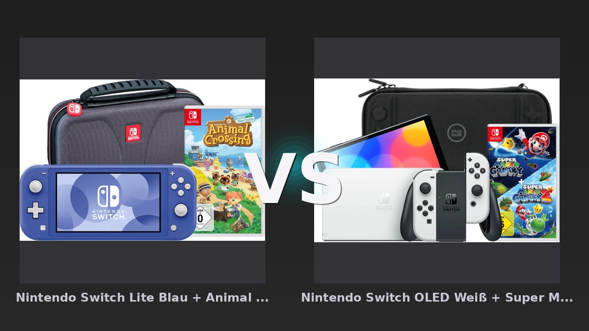 Vergleich: Nintendo Switch Lite Blau + Animal Crossing New Horizons + Schutzhülle vs Nintendo Switch OLED Weiß + Super Mario Galaxy 1+2 + BlueBuilt Schutzhülle - Nintendo Switch Lite vs. Switch OLED: Reiner Handheld oder Hybrid – welches Bundle überzeugt 2026?