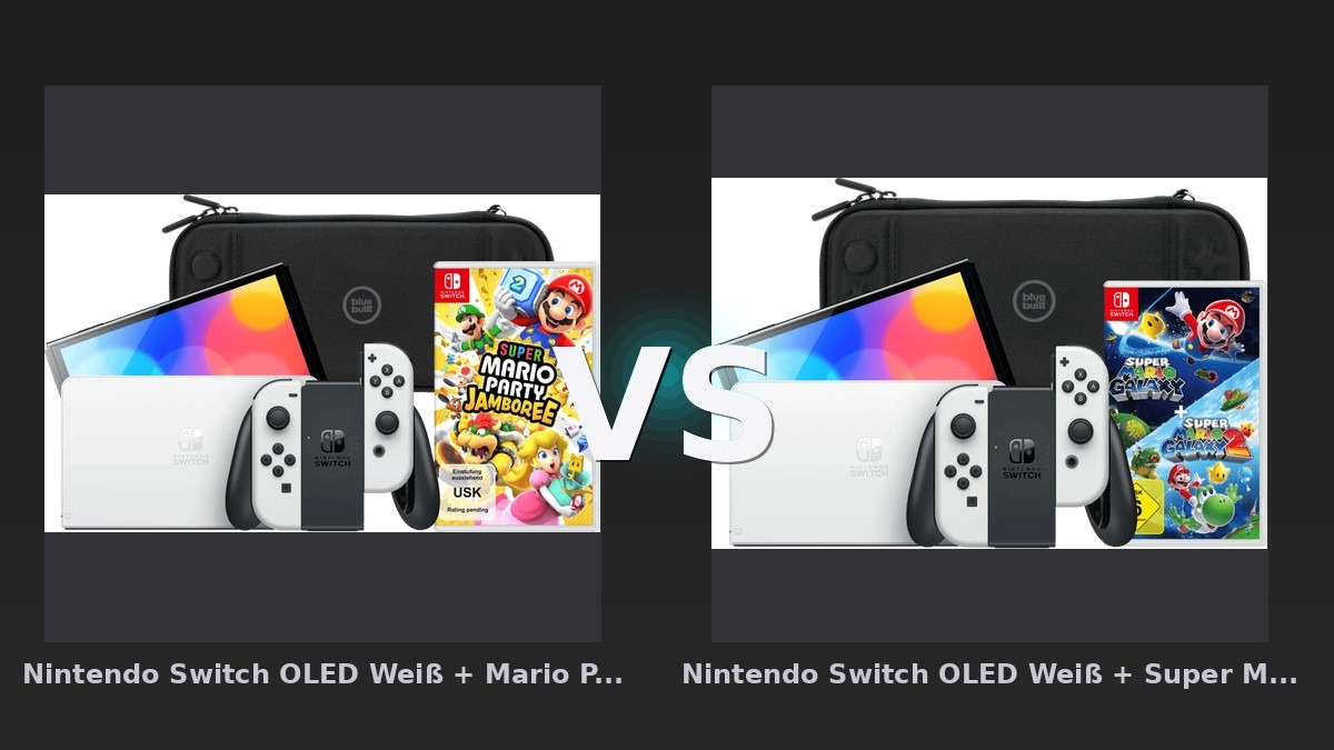 Vergleich: Nintendo Switch OLED Weiß + Mario Party Jamboree + BlueBuilt Schutzhülle vs Nintendo Switch OLED Weiß + Super Mario Galaxy 1+2 + BlueBuilt Schutzhülle - Nintendo Switch OLED Bundle: Mario Party Jamboree vs. Super Mario Galaxy 1+2