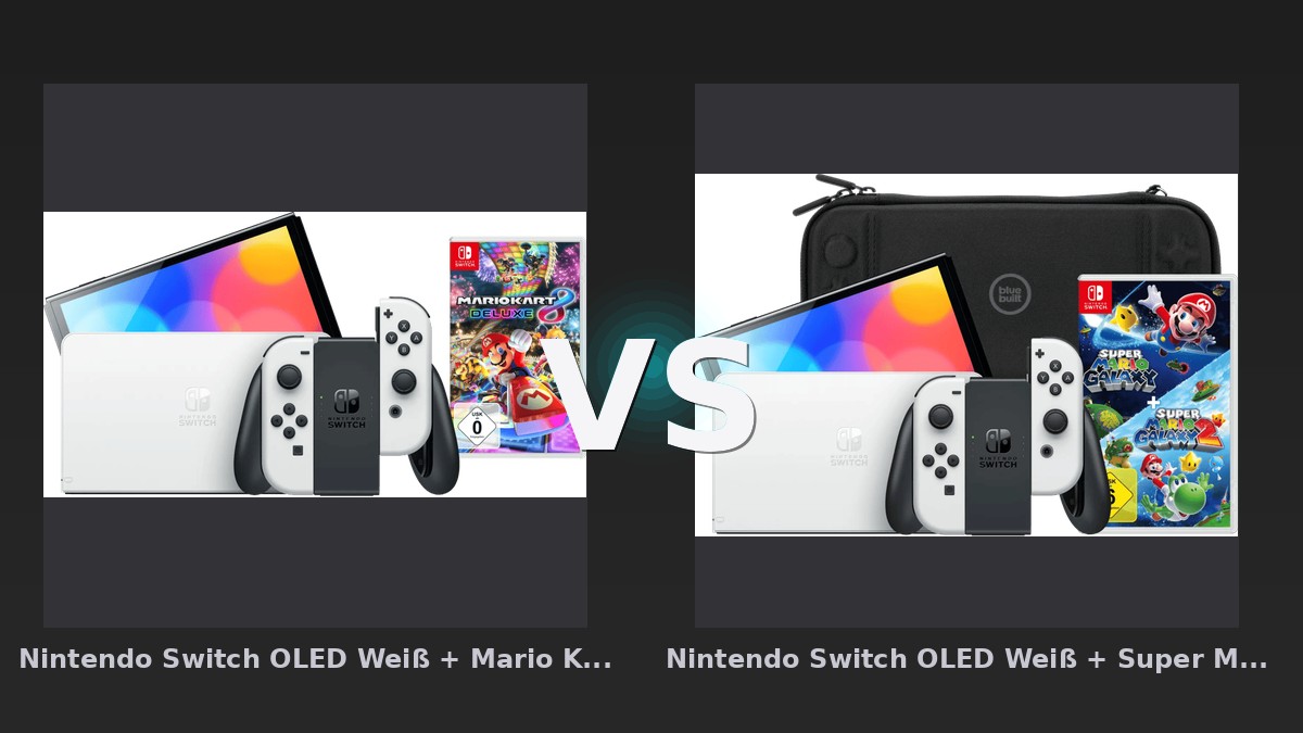 Vergleich: Nintendo Switch OLED Weiß + Mario Kart 8 Deluxe vs Nintendo Switch OLED Weiß + Super Mario Galaxy 1+2 + BlueBuilt Schutzhülle - Nintendo Switch OLED Bundles im Vergleich: Mario Kart vs. Super Mario Galaxy + Schutzhülle