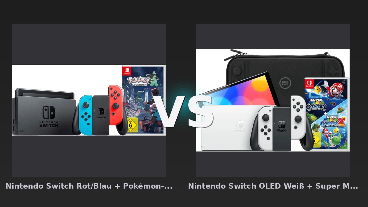 Vergleich: Nintendo Switch Rot/Blau + Pokémon-Legenden: Z-A vs Nintendo Switch OLED Weiß + Super Mario Galaxy 1+2 + BlueBuilt Schutzhülle - Nintendo Switch vs Switch OLED Bundle: Pokémon oder Mario – welches Handheld-Paket überzeugt?