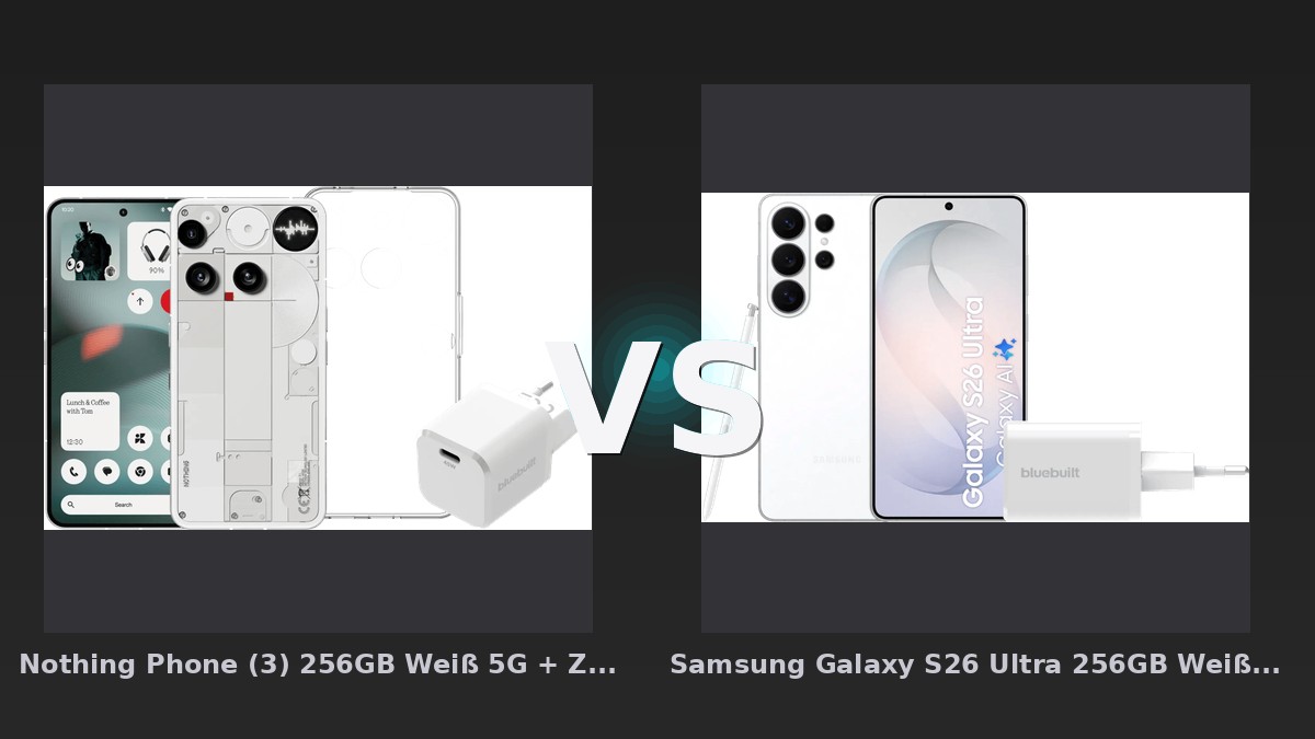 Vergleich: Nothing Phone (3) 256GB Weiß 5G + Zubehörset vs Samsung Galaxy S26 Ultra 256GB Weiß 5G + BlueBuilt Ladegerät 65 Watt Weiß - Nothing Phone (3) vs. Samsung Galaxy S26 Ultra: Innovations-Champion oder etablierte Größe?