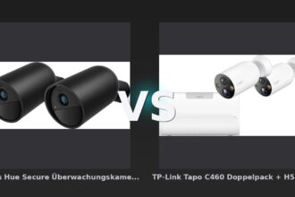 Vergleich: Philips Hue Secure Überwachungskamera mit Akku Schwarz Doppelpack vs TP-Link Tapo C460 Doppelpack + H500 Smart HomeBase - Philips Hue Secure vs TP-Link Tapo C460: Akku-Überwachungskameras im Doppelpack-Vergleich
