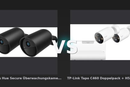 Vergleich: Philips Hue Secure Überwachungskamera mit Akku Schwarz Doppelpack vs TP-Link Tapo C460 Doppelpack + H500 Smart HomeBase - Philips Hue Secure vs TP-Link Tapo C460: Akku-Überwachungskameras im Doppelpack-Vergleich